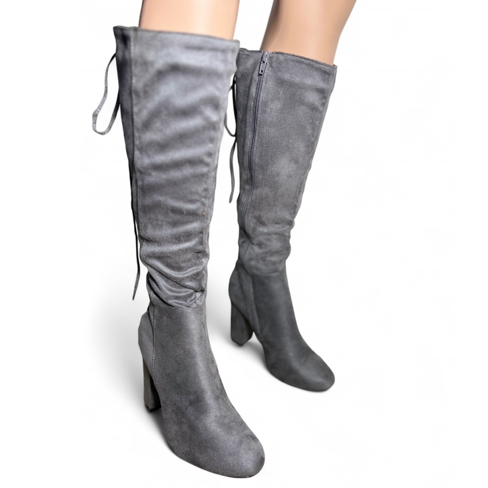 Charlotte Russe Gray Faux Suede Knee-High Block Heel Boots - Size 9